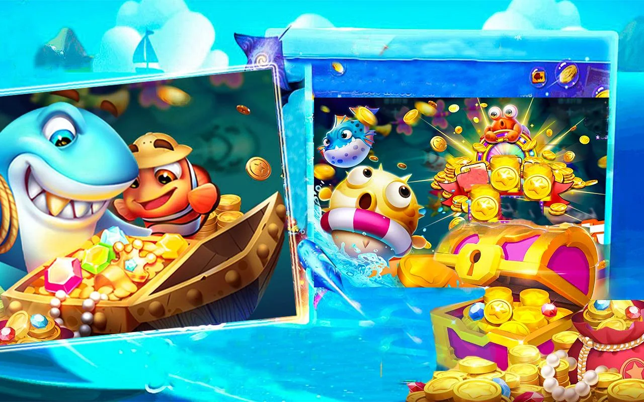 ฉากเกมยิงปลาพร้อมฝูงปลาและปืนใหญ่บนหน้าจอ